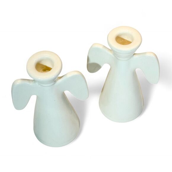 White Ceramic Angel Candle Holders Minimalistic Wedding Holiday Decor set of two - Picture 6 of 10